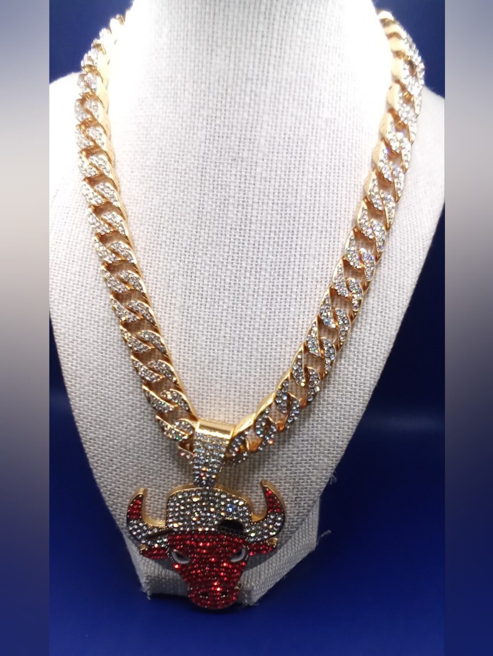 Gold and Red Bull Pendant Cuban Link Necklace - Men's Jewelry